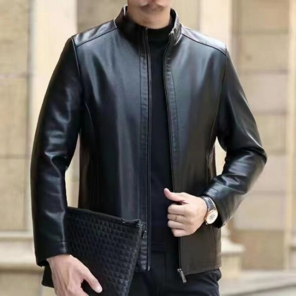 Leather Jacket for Middle-aged Men – Stand Collar & Fleece Lined