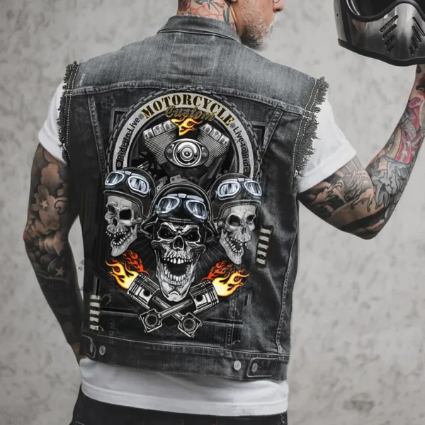 Men’s Skull Print Denim Vest – Biker Style for All Seasons