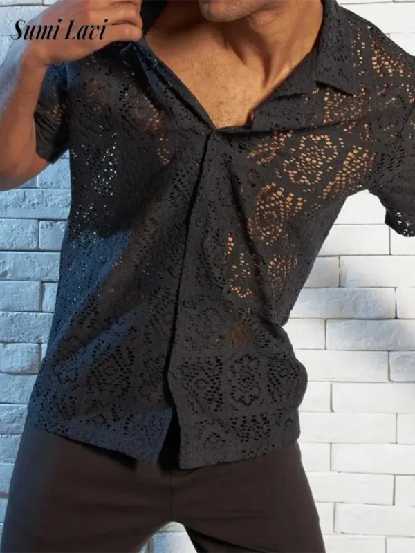 2025 Men’s Sheer Mesh Shirt – Summer Short Sleeve Button-Up with Lapel