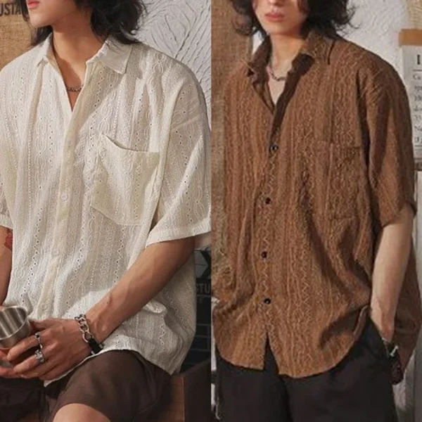 Men’s Hollow Out Shirt – Retro Casual Style with Pockets