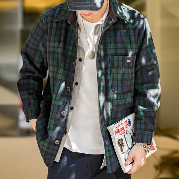 Men’s Retro Wool Plaid Jacket – Blue Green Loose Shirt Coat for Spring & Autumn