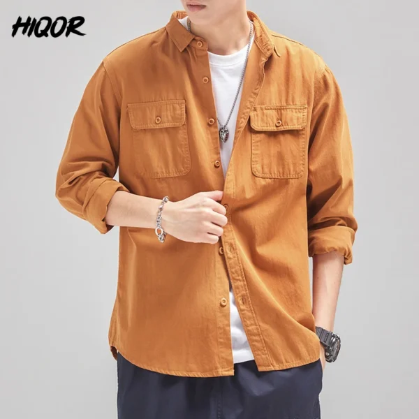 HIQOR Men’s Vintage 100% Cotton Long Sleeve Cargo Shirt – Casual Workwear