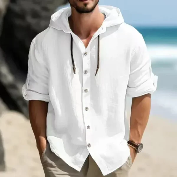 Men’s Summer Linen Hoodie Shirt – Casual Loose Button-Up Streetwear