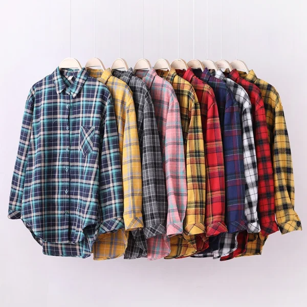 Women’s Flannel Plaid Shirt – Loose Cotton Long Sleeve Casual Top
