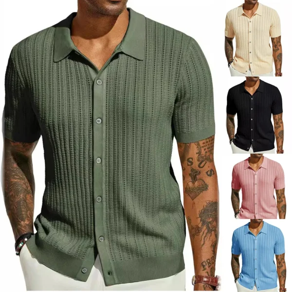 2025 Men’s Summer Knitted Shirt – Breathable Hollow Design with Lapel