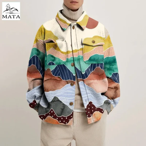 Men’s Casual Lapel Single-Breasted Jacket – Autumn/Winter Abstract Print