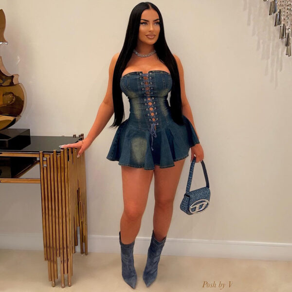 Zipper Lace-Up Denim Mini Dress