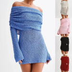 Elegant Boat-Neck Knitted Mini Dress Women